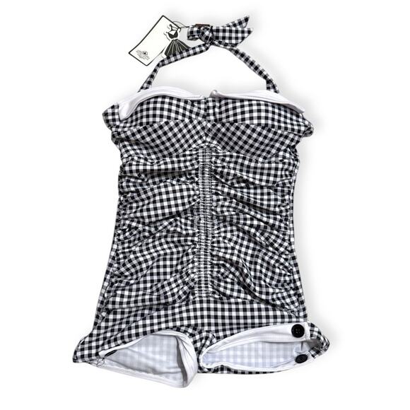 Retro Stage Other - Retro Stage Gingham One Piece Swimsuit Womens Medium Black White Ruched NWT